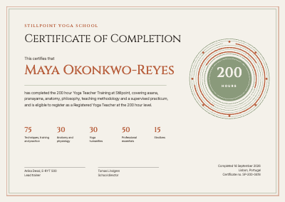 Stillpoint 200 Hour Yoga Teacher Training Certificate template preview