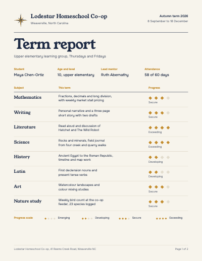 Lodestar Homeschool Co-op Term Report template preview