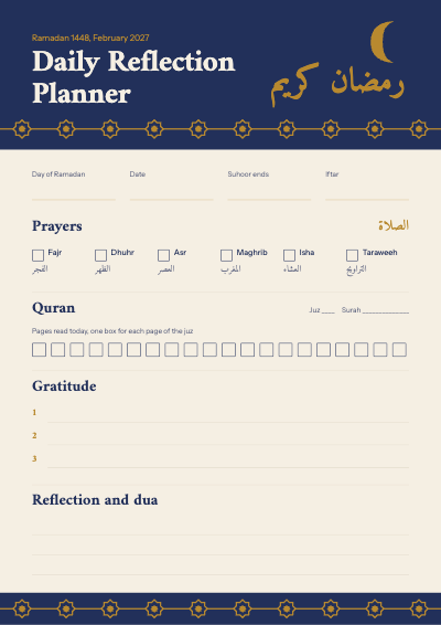 Ramadan 1448 Daily Reflection Planner template preview
