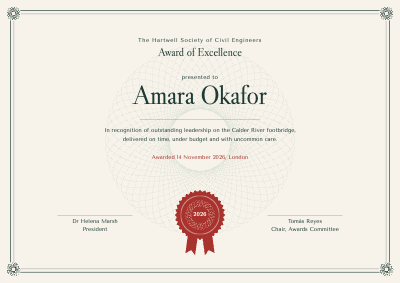 Hartwell Award of Excellence Certificate template preview