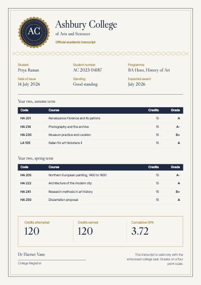 Ashbury College Academic Transcript template preview
