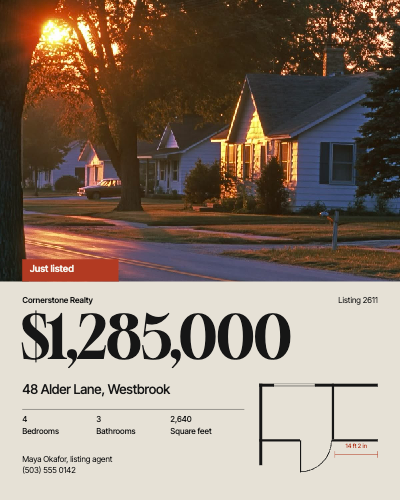 Cornerstone Realty Just Listed, Open House and Sold Post Set template preview