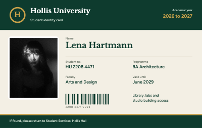 Hollis University Student ID template preview