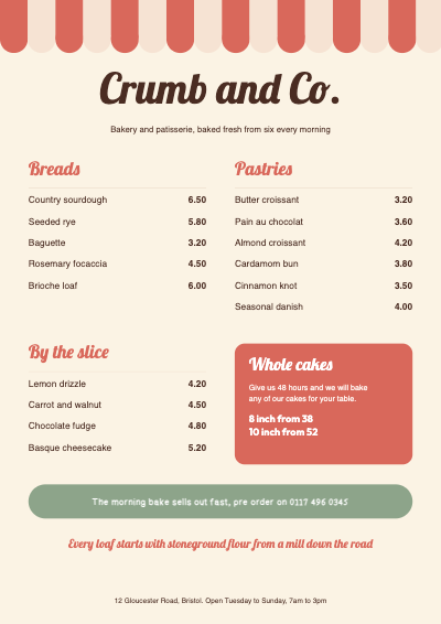 Crumb and Co Bakery Price List template preview