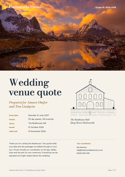 Harbourside Events Wedding Venue Quote template preview
