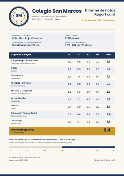 Colegio San Marcos Bilingual Report Card template preview