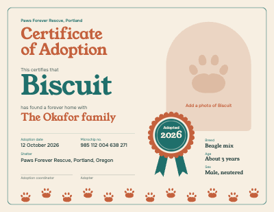 Paws Forever Pet Adoption Certificate template preview