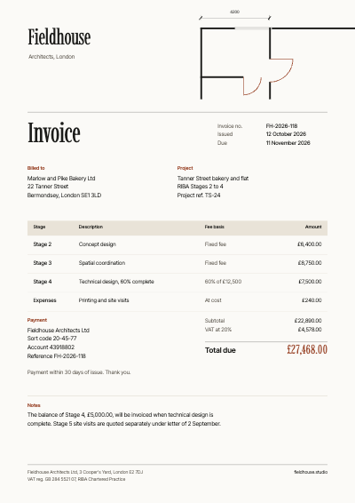 Fieldhouse Architects Project Invoice template preview