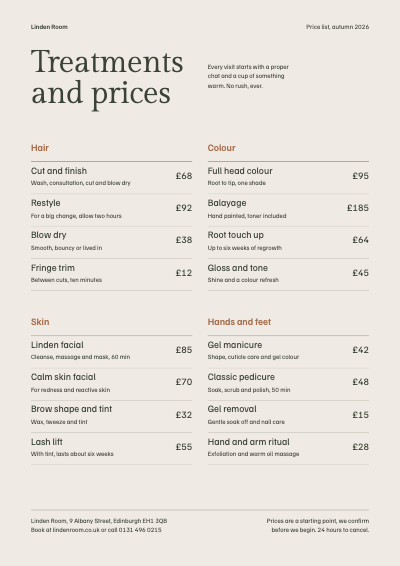 Linden Room Salon Price List template preview