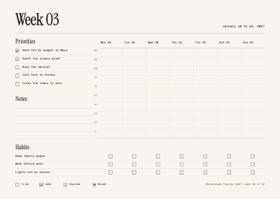 Monochrome 2027 Weekly Desk Planner template preview
