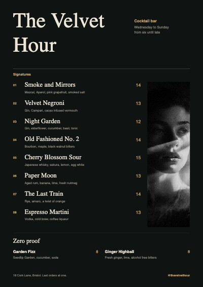 The Velvet Hour Cocktail Menu template preview