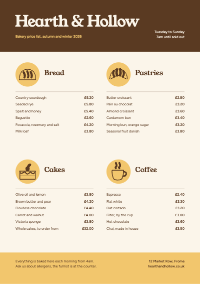 Hearth and Hollow Bakery Price List template preview