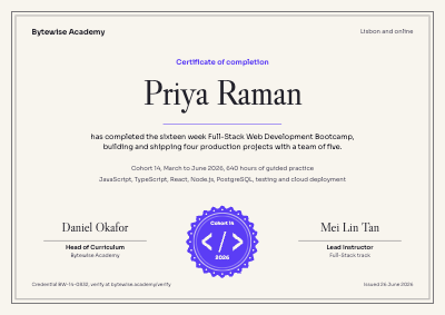 Bytewise Academy Bootcamp Completion Certificate template preview