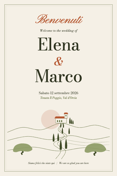 Elena and Marco Tuscan Olive Grove Wedding Welcome Sign template preview