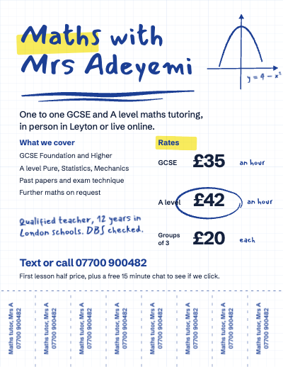 Maths with Mrs Adeyemi Tutoring Tear-off Flyer template preview