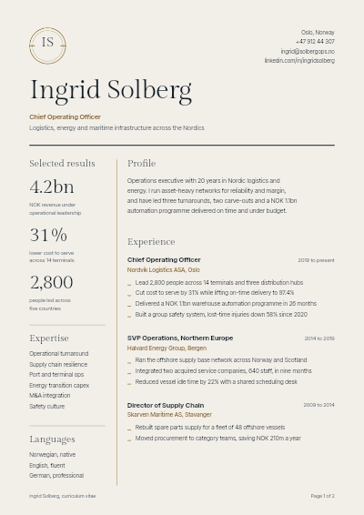 Ingrid Solberg Executive CV and Cover Letter template preview
