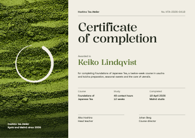 Hoshino Tea Course Completion Certificate template preview