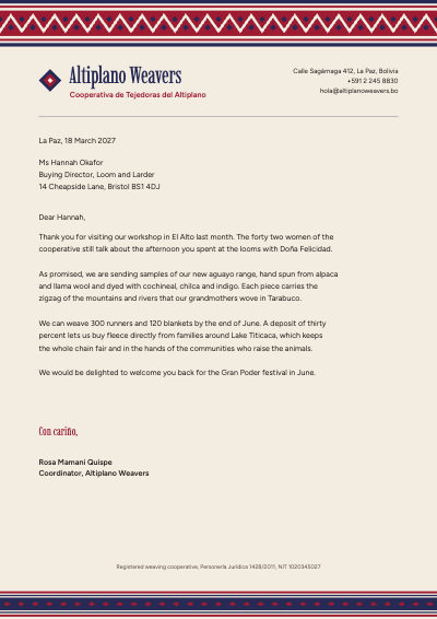 Altiplano Weavers Cooperative Letterhead template preview