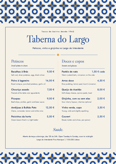 Taberna do Largo Lisbon Petiscos Menu template preview