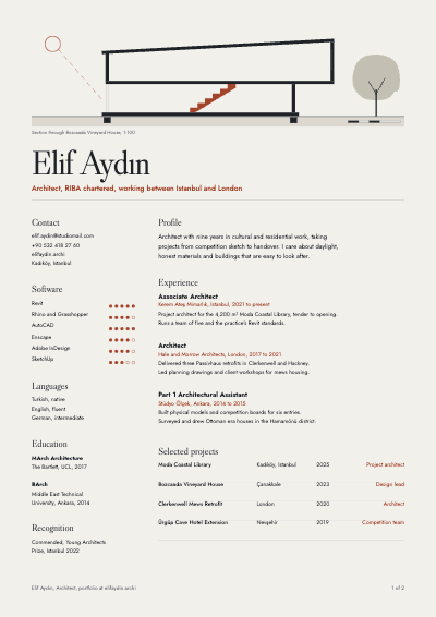 Elif Aydın Architect Resume and Cover Letter template preview