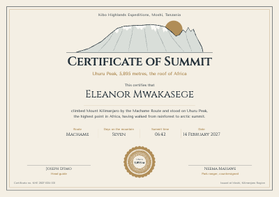 Uhuru Peak Kilimanjaro Summit Certificate template preview