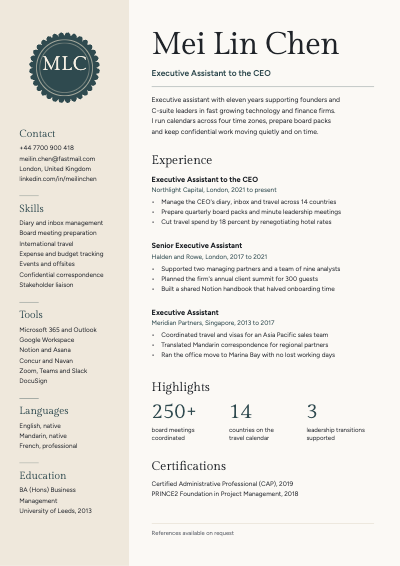 Mei Lin Chen Executive Assistant Resume and Cover Letter template preview