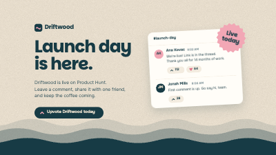 Driftwood Slack and Discord Launch Announcement Cards template preview