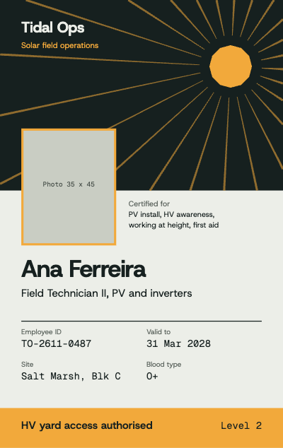 Tidal Ops Solar Field Technician ID template preview
