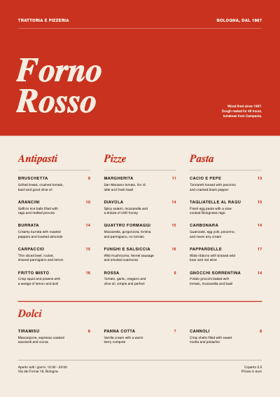 Forno Rosso Trattoria Menu template preview