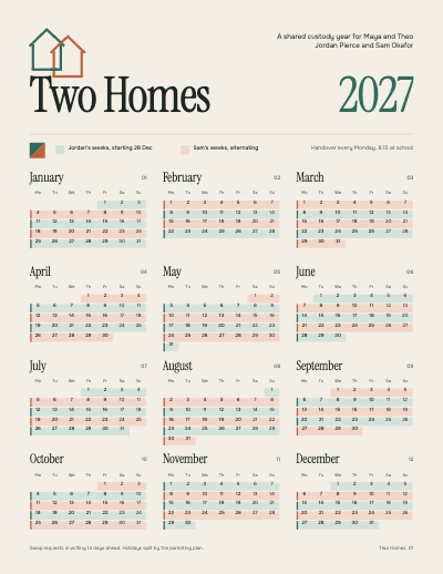 Two Homes 2027 Co-Parenting Planner template preview