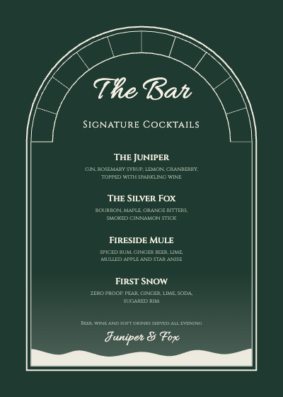 Juniper and Fox Winter Wedding Bar Menu and Unplugged Signs template preview