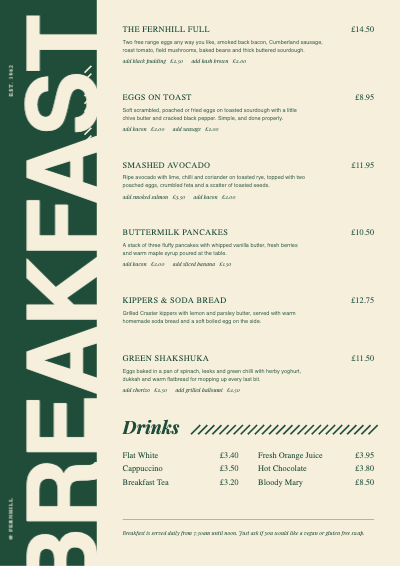Fernhill Breakfast Menu template preview
