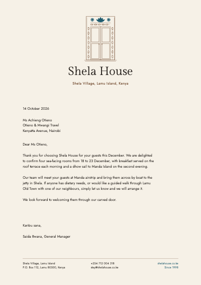 Shela House Lamu Boutique Hotel Letterhead template preview