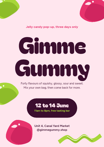 Gimme Gummy Jelly Candy Pop-up Flyer template preview