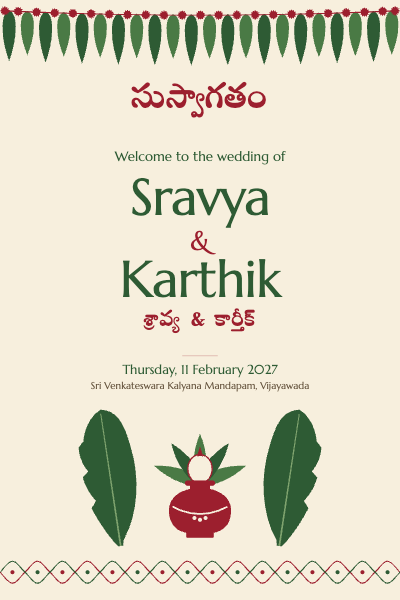 Sravya and Karthik Telugu Wedding Welcome and Muhurtham Signs template preview
