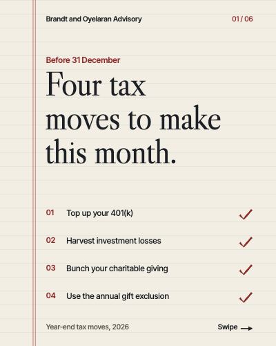 Brandt and Oyelaran Advisory Year-End Tax Moves LinkedIn Carousel template preview