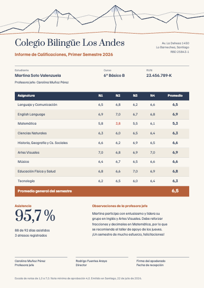 Colegio Bilingüe Los Andes Informe de Calificaciones template preview
