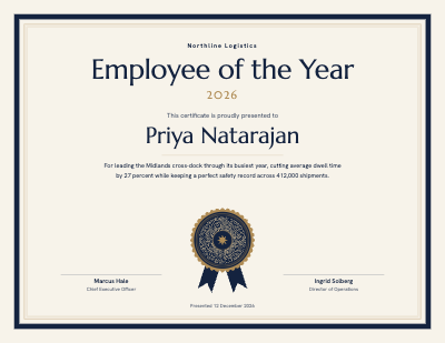 Northline Logistics Employee of the Year Award template preview