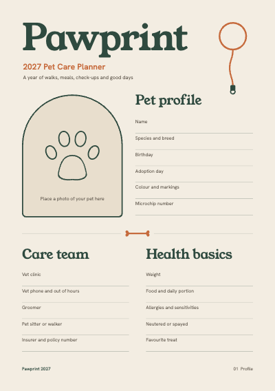 Pawprint 2027 Pet Care Planner template preview