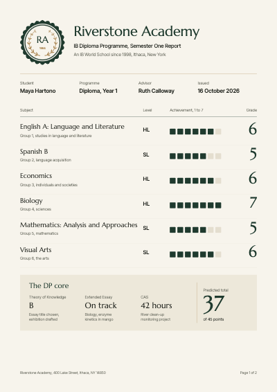 Riverstone Academy IB Semester Report template preview