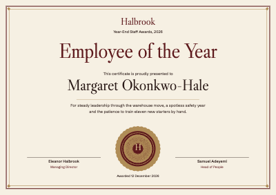 Halbrook Year-End Staff Awards Certificate Set template preview
