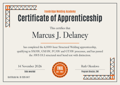 Ironbridge Welding Apprenticeship Certificate template preview