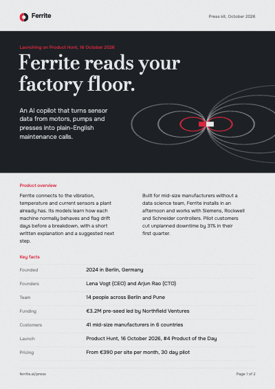 Ferrite AI Launch Press Kit One Pager template preview