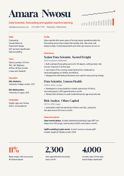 Amara Nwosu Data Scientist Resume template preview