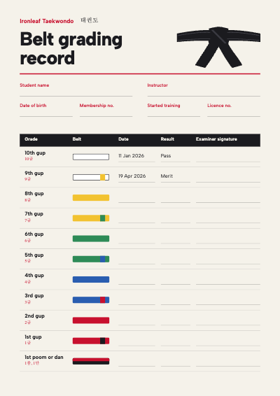 Ironleaf Taekwondo Belt Grading Record template preview